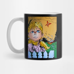 Young girl dreaming of butterflies and running from terrors behind her Mug